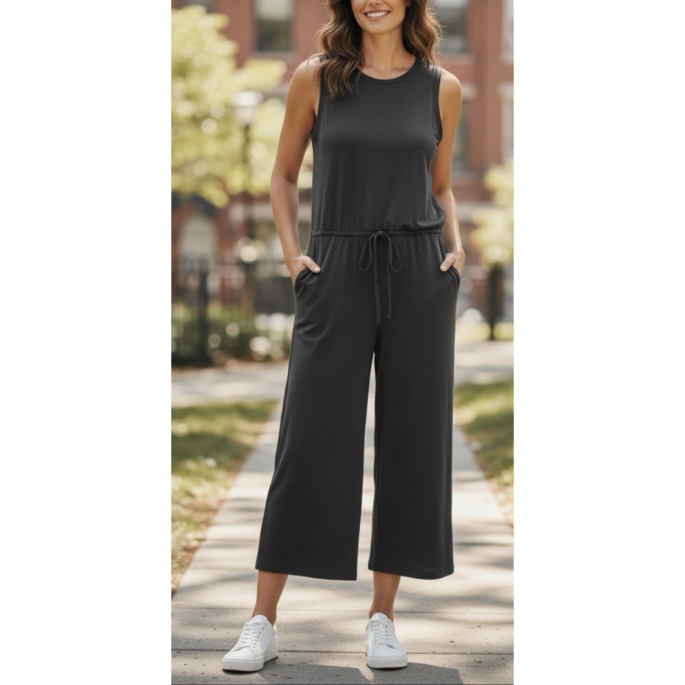 Eileen‎ Fisher Black Jersey Jumpsuit L Goth Minimalist Lagenlook Capsule
